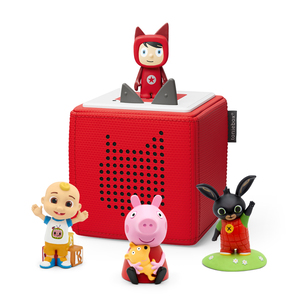 tonies Toniebox with CoComelon JJ, Peppa Pig, and Bing Audio Character Bundle - Red